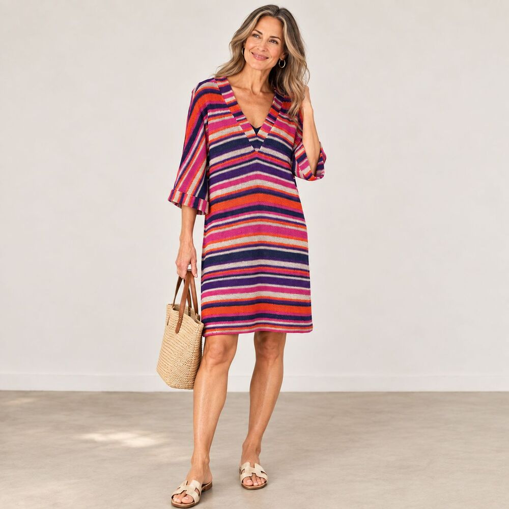 Trina Turk Multicolor Metallic Striped Knit Shift Dress Medium V Neck 3/4 Sleeve